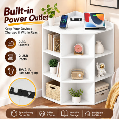 4-Tier Corner Storage Cabinet with USB Ports & Outlets, 9 Cubes