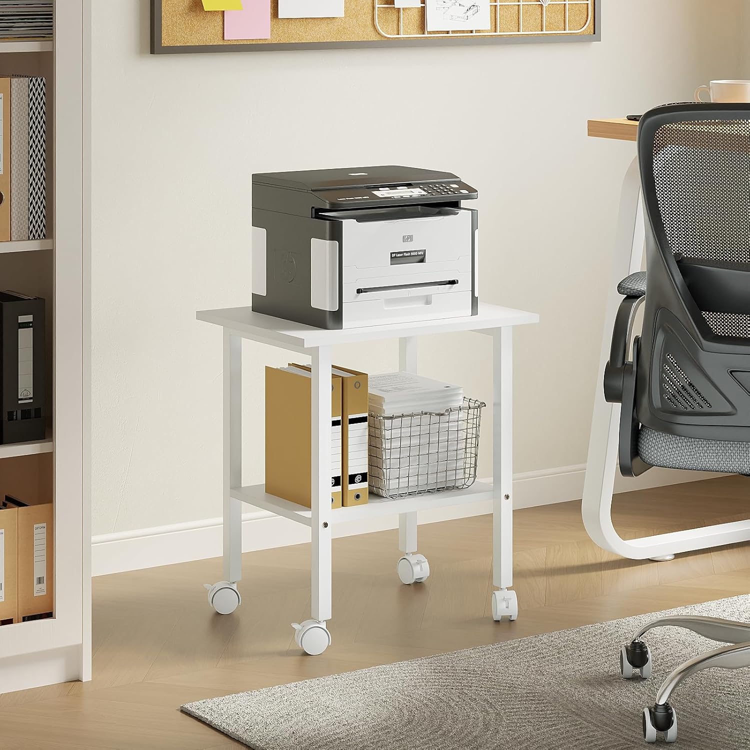 2-Tier Industrial Printer Shelf with Storage Shelf & Steel Frame for Space-Saving, Heavy Duty Under Desk Printer Table for Home and Office