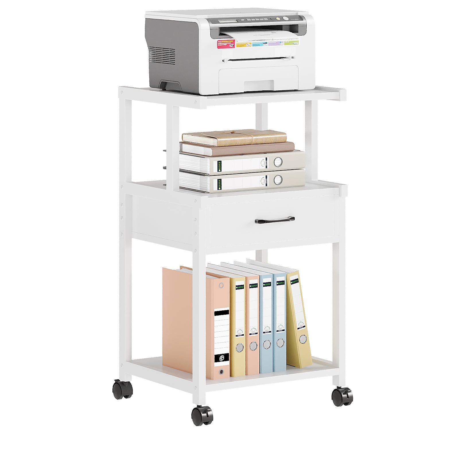 3-Tier Printer Cart on Wheels Multiple Print Stands with Drawer Home Printer Stand for Home Office Study Kitchen