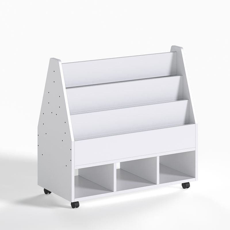 4 Tier Double Sided Mobile Bookcase Display Stand with 3 Cube Units Magazine Bookshelf