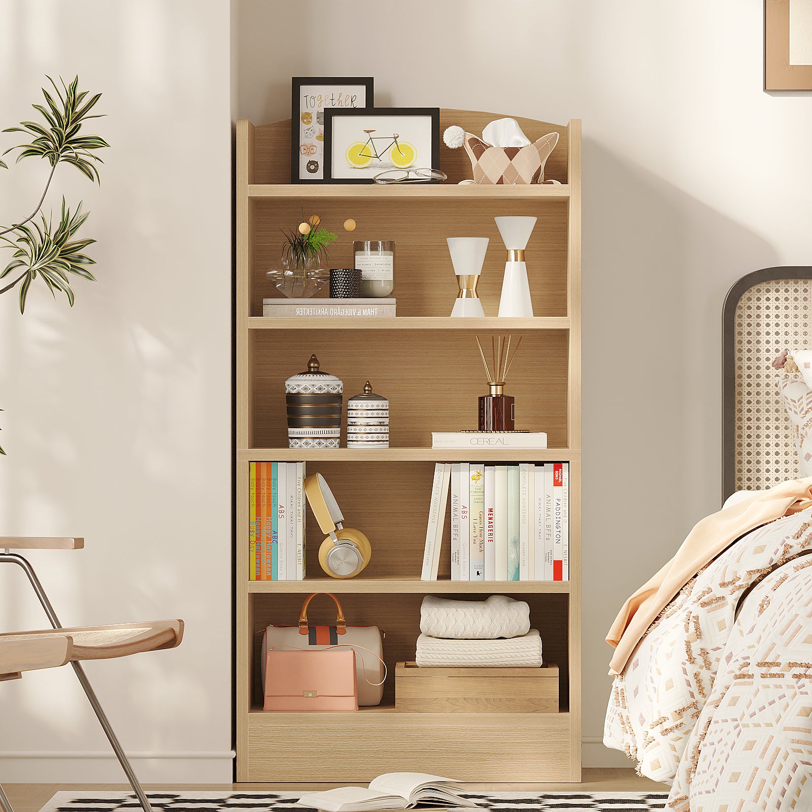 5-Tier Bookcase, 47" Wood Tall Bookshelf and Bookshelves, Floor Standing Book Shelf Display Storage Shelves for Bedroom Library Living Room Home Office