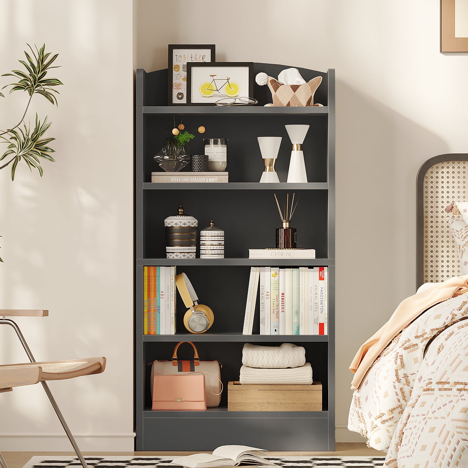 5-Tier Bookcase, 47" Wood Tall Bookshelf and Bookshelves, Floor Standing Book Shelf Display Storage Shelves for Bedroom Library Living Room Home Office