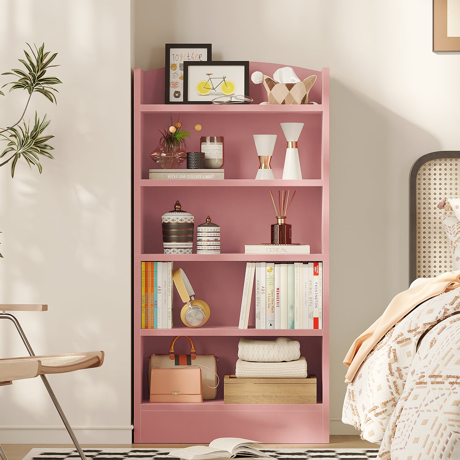 5-Tier Bookcase, 47" Wood Tall Bookshelf and Bookshelves, Floor Standing Book Shelf Display Storage Shelves for Bedroom Library Living Room Home Office