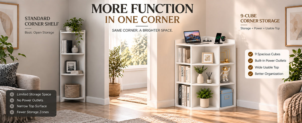 9-cube corner bookshelf in a bright living room