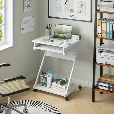 Computer Desk for Small Spaces with Wheels and Bottom Shelves