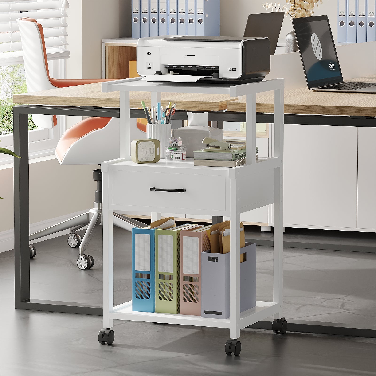 3-Tier Printer Cart on Wheels Multiple Print Stands with Drawer Home Printer Stand for Home Office Study Kitchen