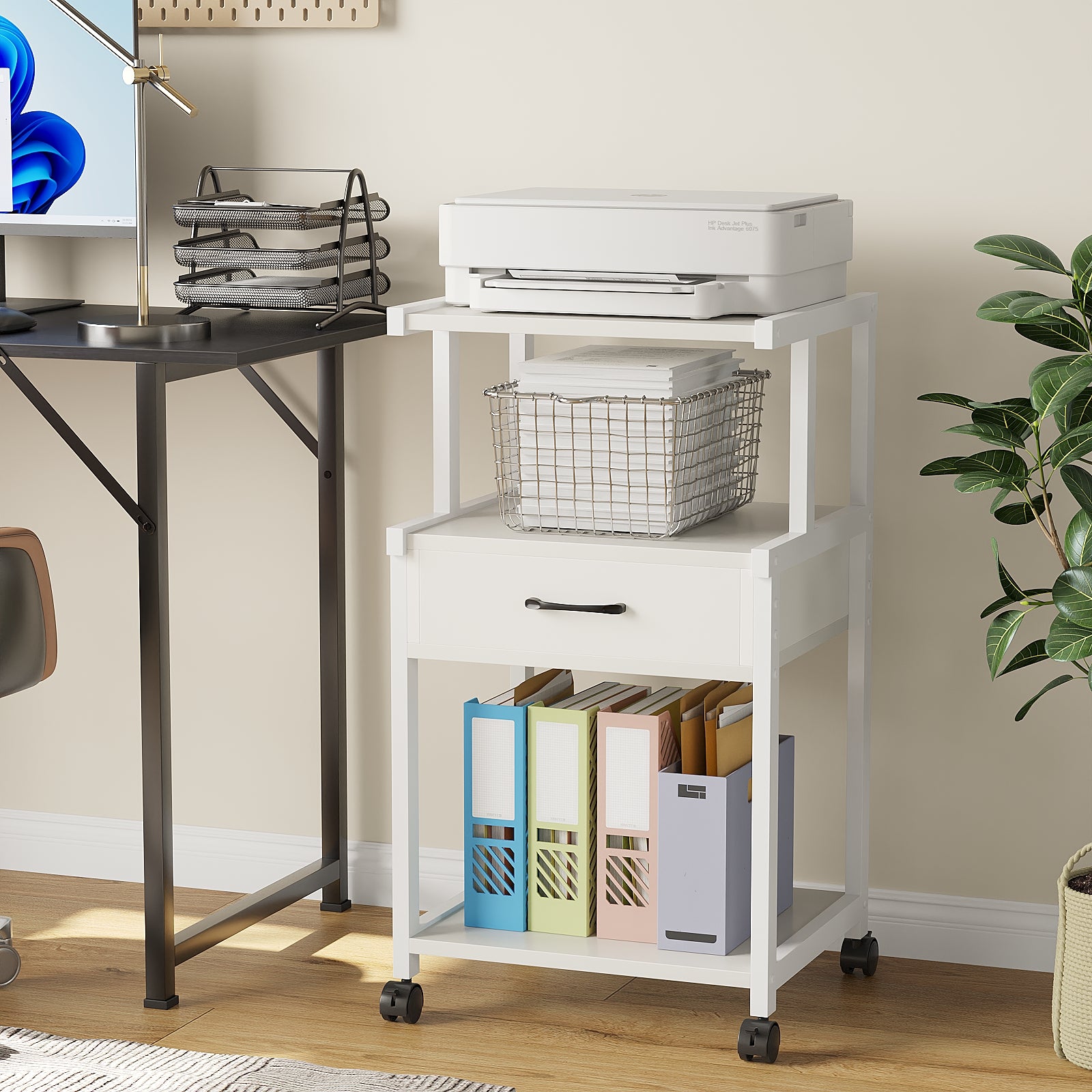 3-Tier Printer Cart on Wheels Multiple Print Stands with Drawer Home Printer Stand for Home Office Study Kitchen