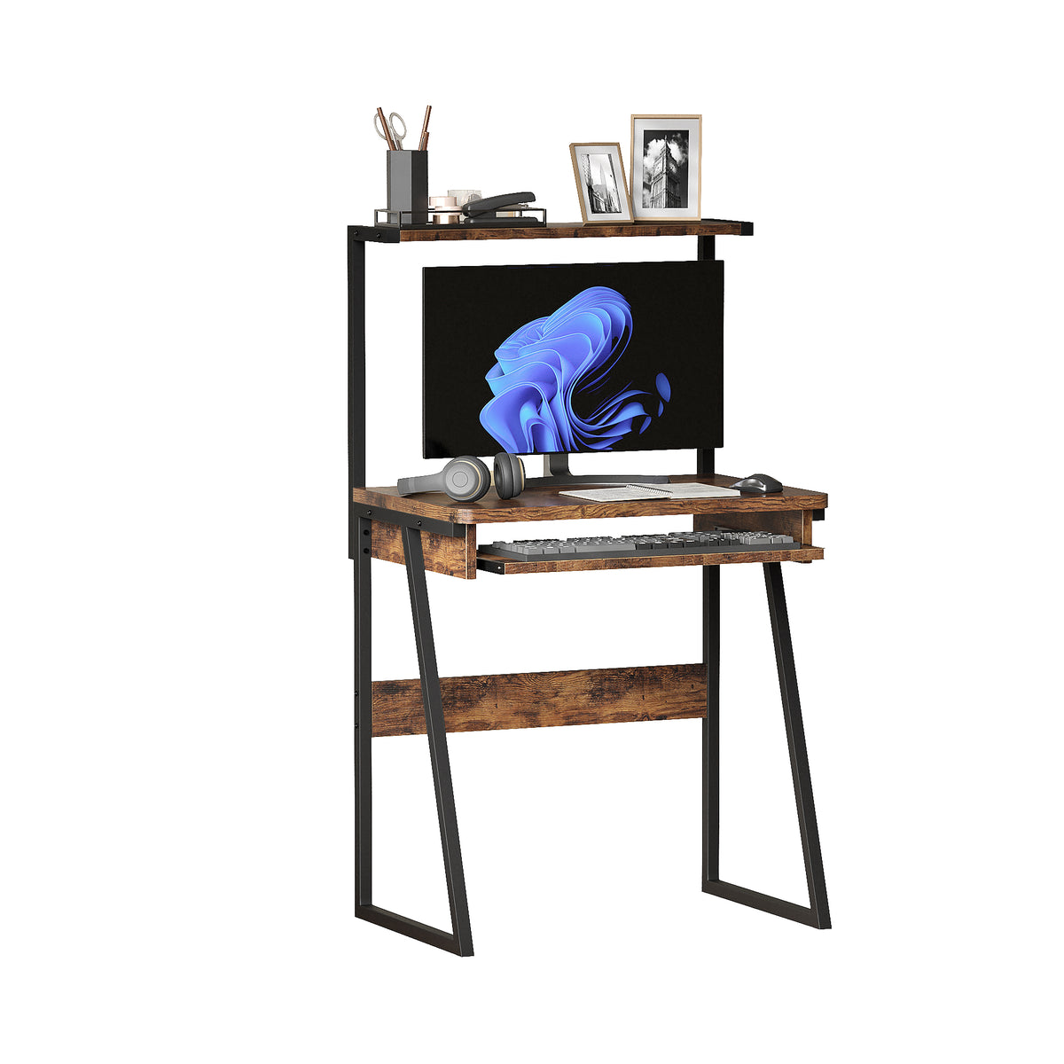 Industrial Computer Desk with Keyboard Tray and Storage Shelves