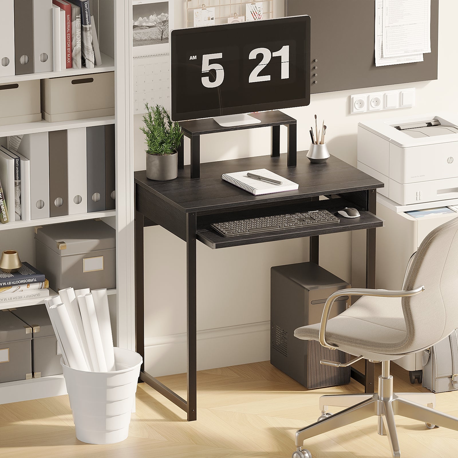 Computer Desk with Monitor Stand and Keyboard Tray, Modern Home Office Writing Desk with Sturdy Metal Frame
