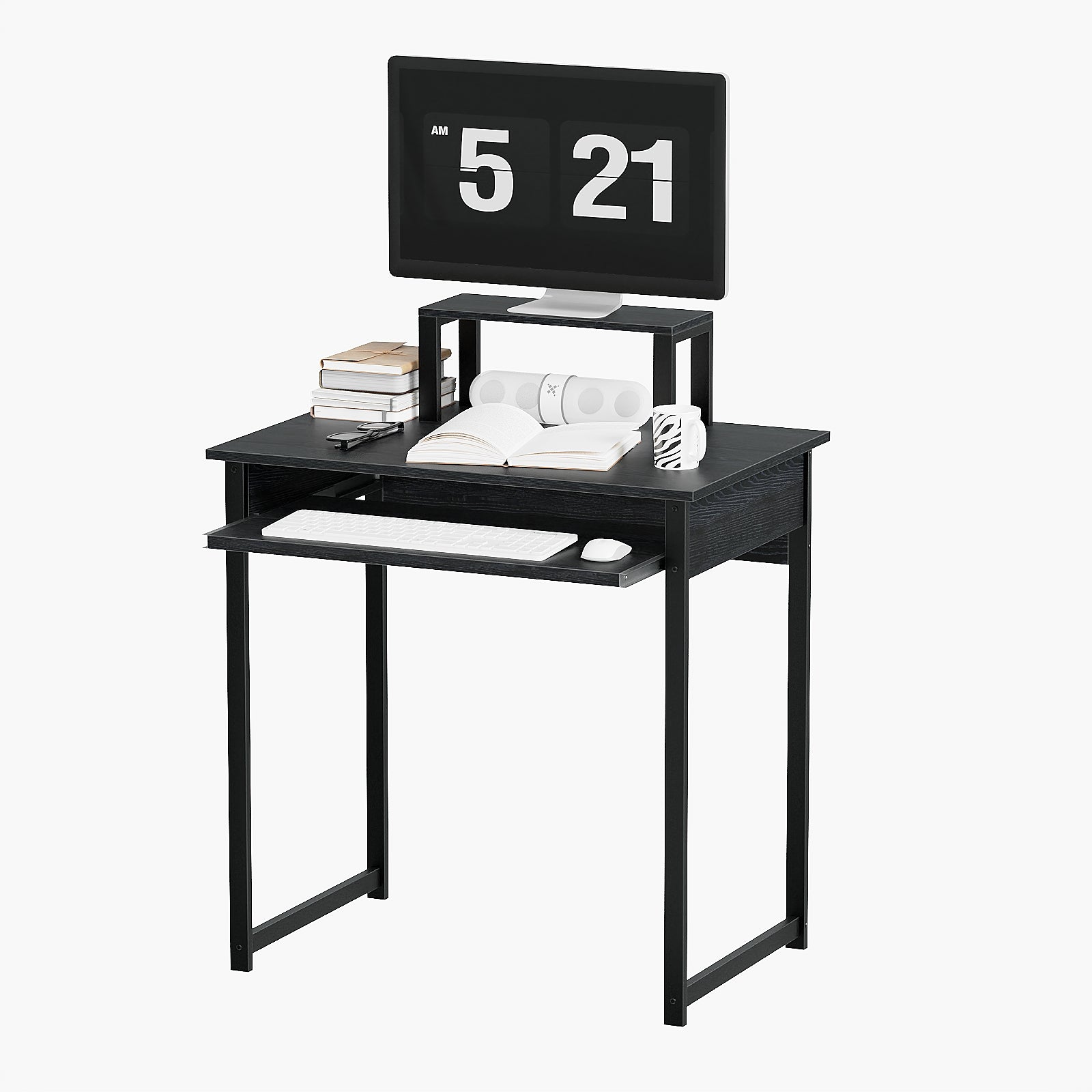 Computer Desk with Monitor Stand and Keyboard Tray, Modern Home Office Writing Desk with Sturdy Metal Frame