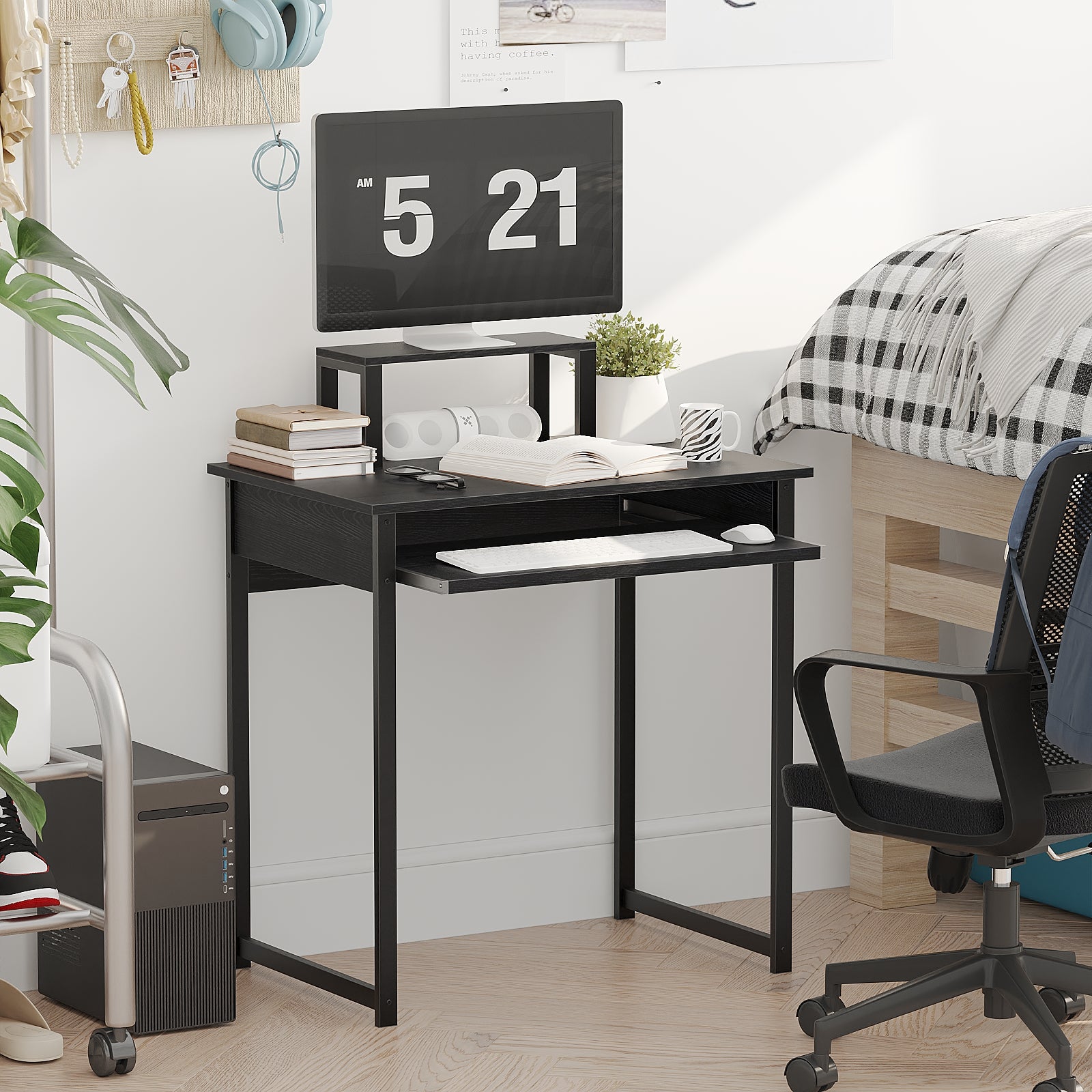 Computer Desk with Monitor Stand and Keyboard Tray, Modern Home Office Writing Desk with Sturdy Metal Frame