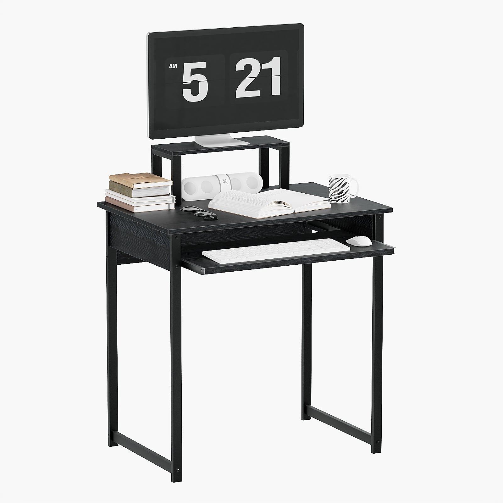 Computer Desk with Monitor Stand and Keyboard Tray, Modern Home Office Writing Desk with Sturdy Metal Frame