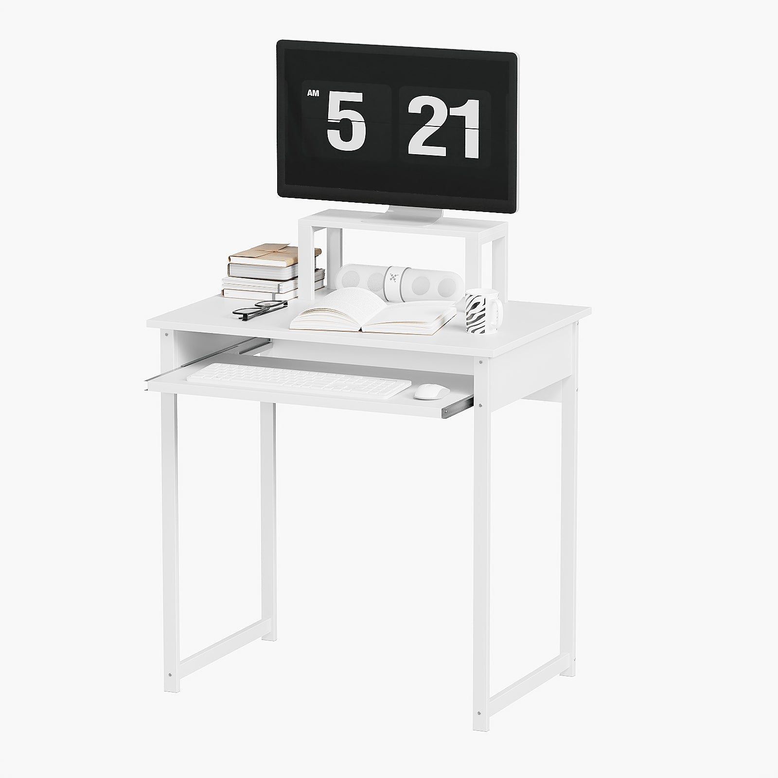Modern Computer Desk with Monitor Stand and Keyboard Tray,Small Writing Study Table for Home Office,Space Saving Design,Simple Workstation for Bedroom & Living Room