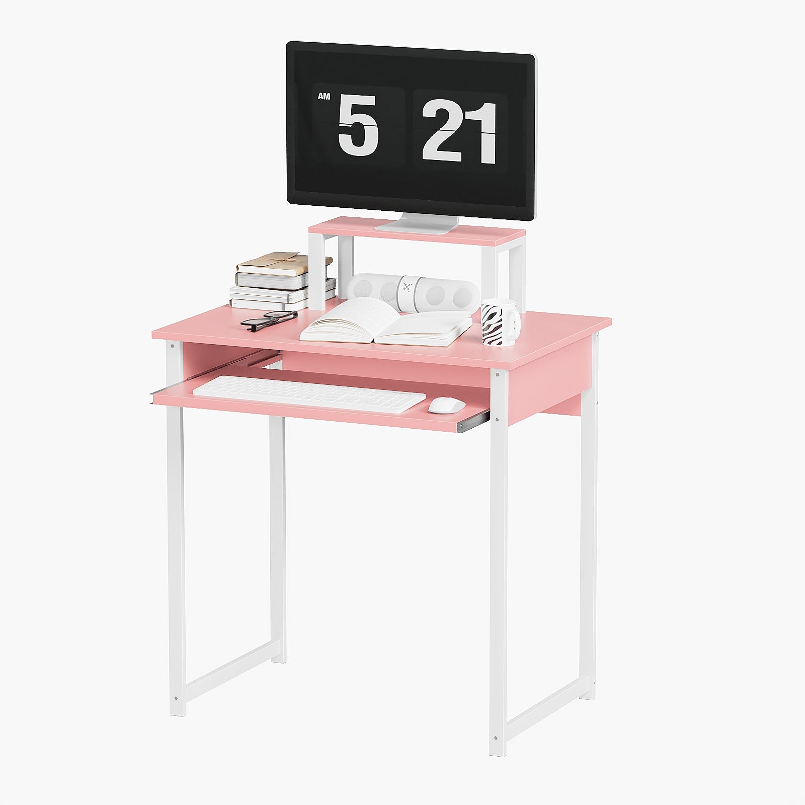 Modern Computer Desk with Monitor Stand and Keyboard Tray,Small Writing Study Table for Home Office,Space Saving Design,Simple Workstation for Bedroom & Living Room