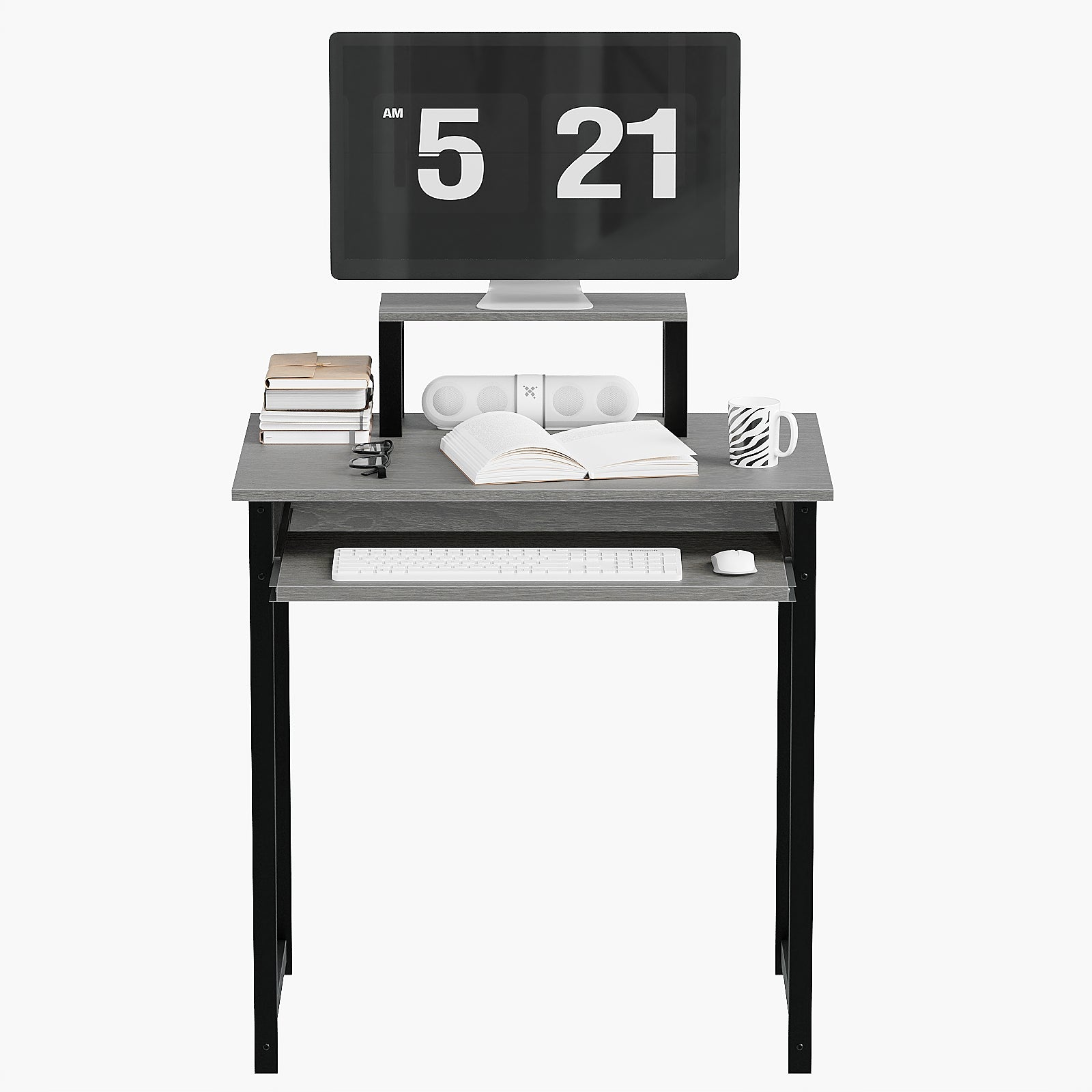 Computer Desk with Monitor Stand and Keyboard Tray, Modern Home Office Writing Desk with Sturdy Metal Frame