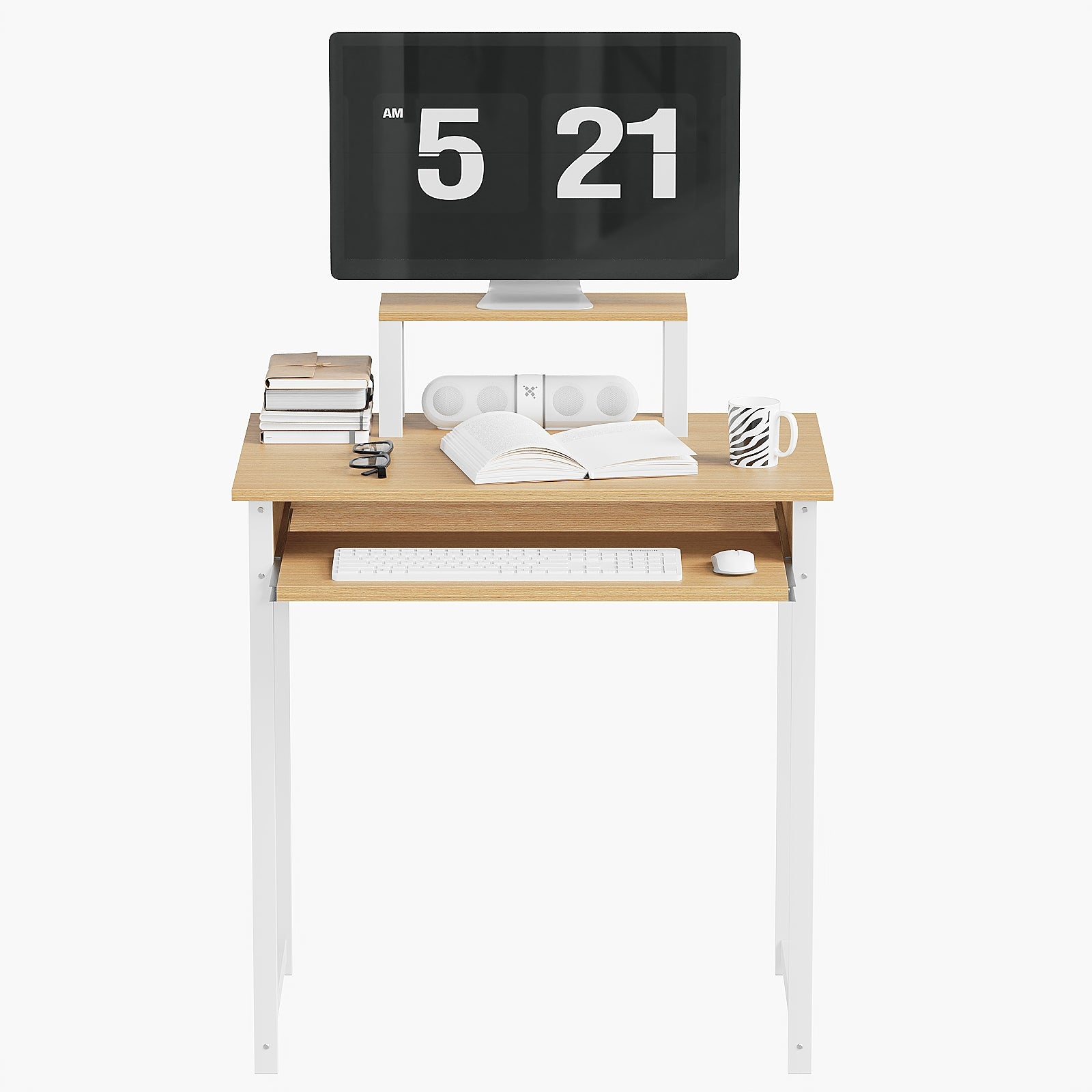 Computer Desk with Monitor Stand and Keyboard Tray, Modern Home Office Writing Desk with Sturdy Metal Frame