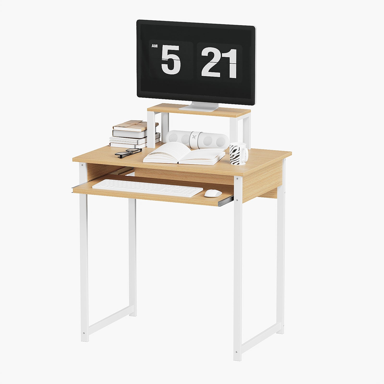 Modern Computer Desk with Monitor Stand and Keyboard Tray,Small Writing Study Table for Home Office,Space Saving Design,Simple Workstation for Bedroom & Living Room