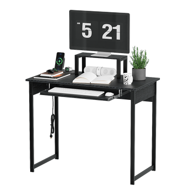 Computer Desk with Monitor Stand, Keyboard Tray and Power Strip, Modern Home Office Writing Desk