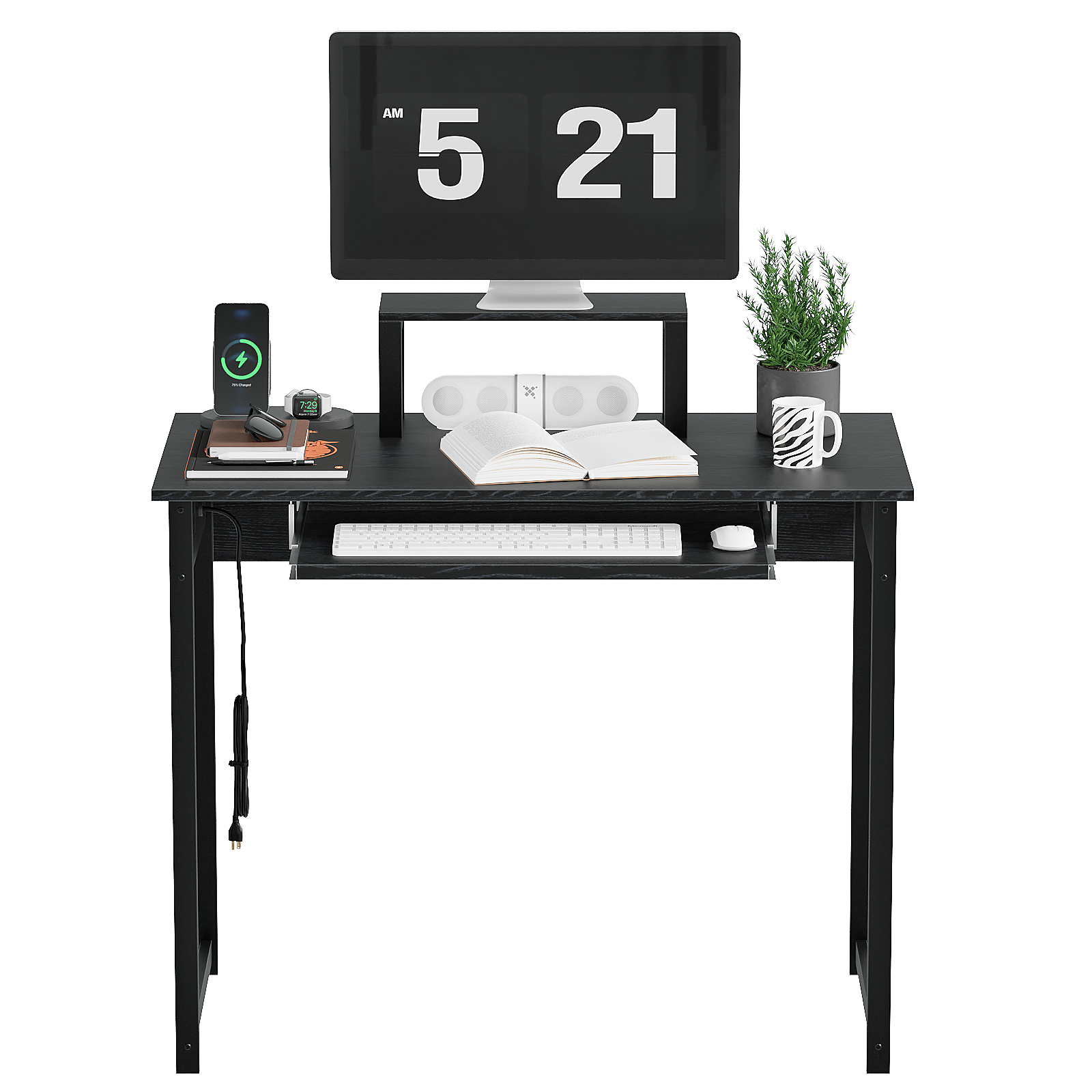 Computer Desk with Monitor Stand, Keyboard Tray and Power Strip, Modern Home Office Writing Desk
