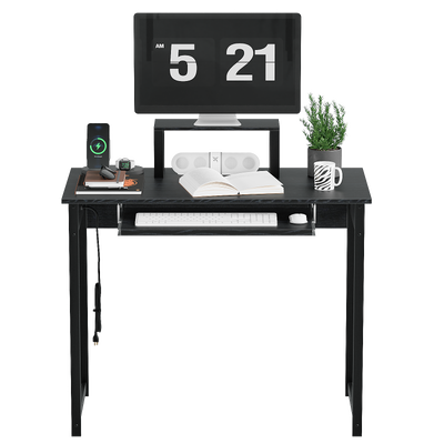 Computer Desk with Monitor Stand, Keyboard Tray and Power Strip, Modern Home Office Writing Desk