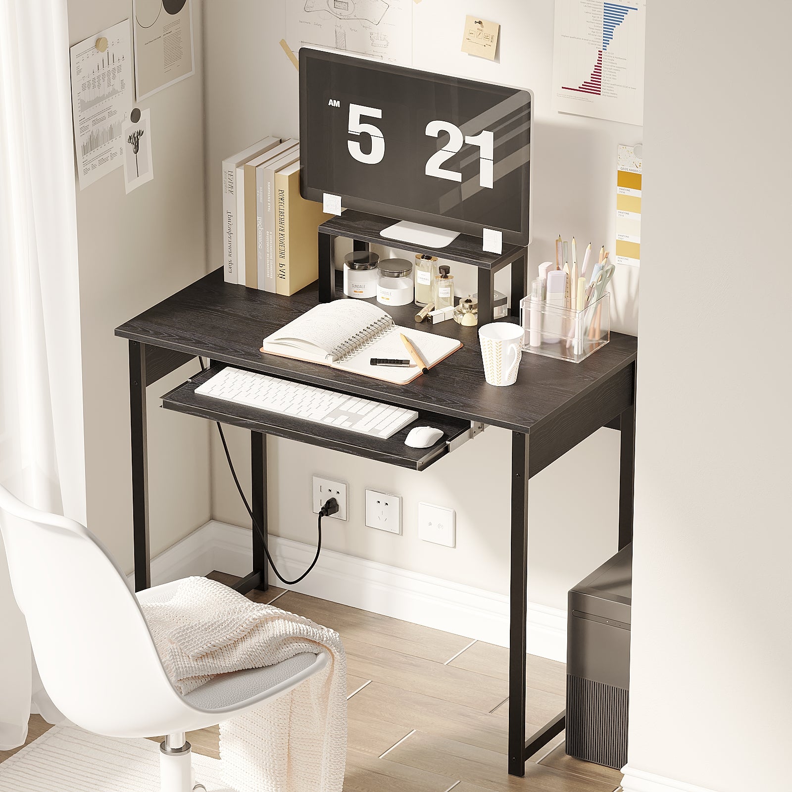 Computer Desk with Monitor Stand, Keyboard Tray and Power Strip, Modern Home Office Writing Desk