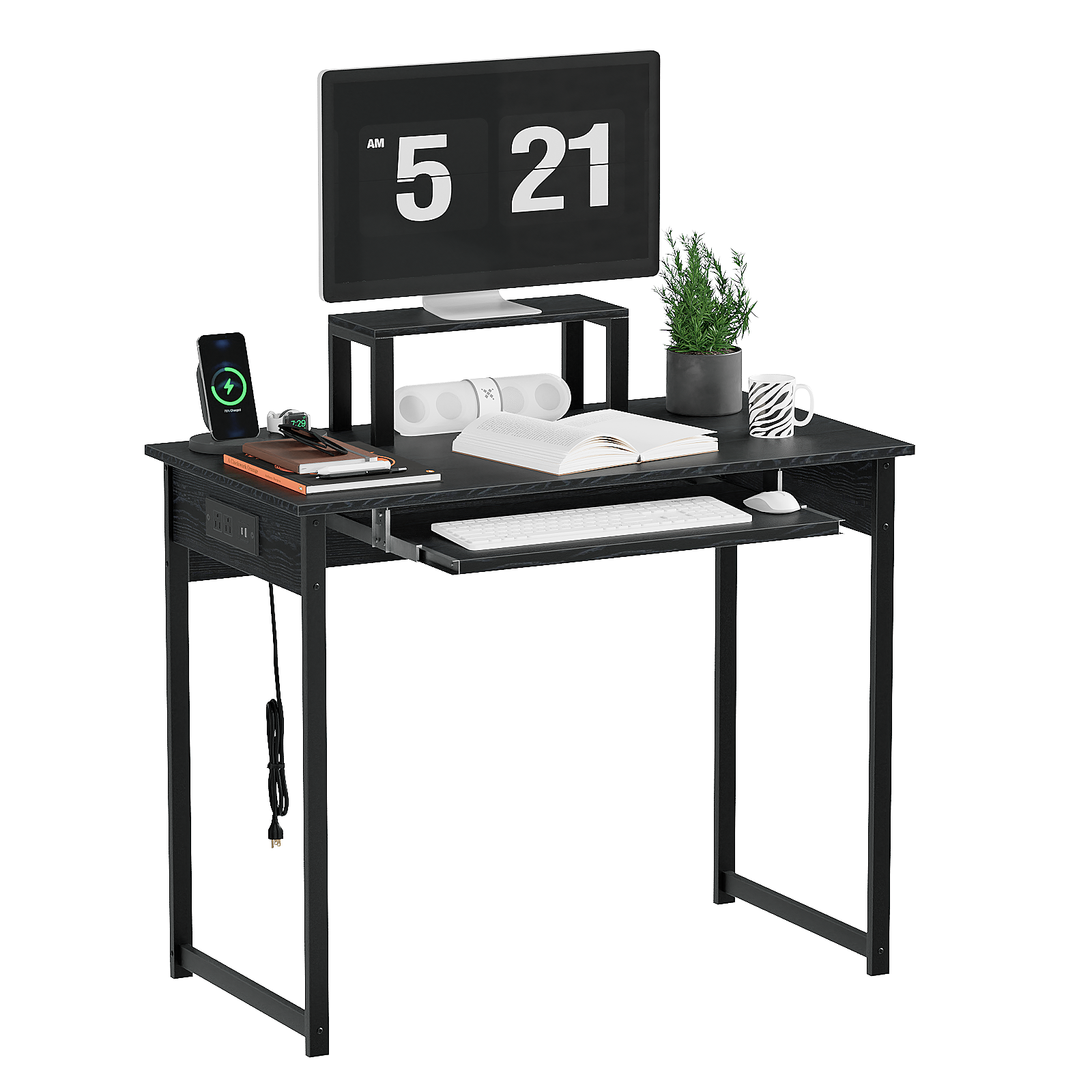 Computer Desk with Monitor Stand, Keyboard Tray and Power Strip, Modern Home Office Writing Desk