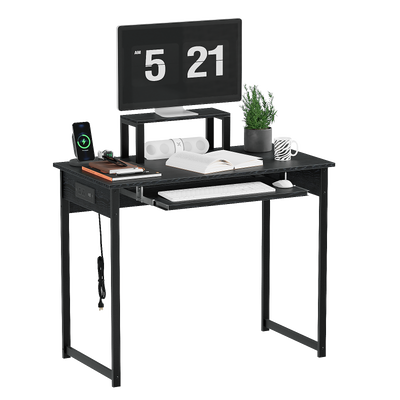 Computer Desk with Monitor Stand, Keyboard Tray and Power Strip, Modern Home Office Writing Desk