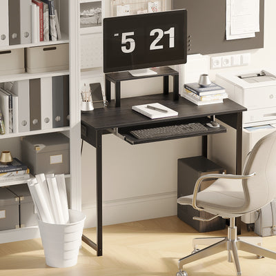 Computer Desk with Monitor Stand, Keyboard Tray and Power Strip, Modern Home Office Writing Desk