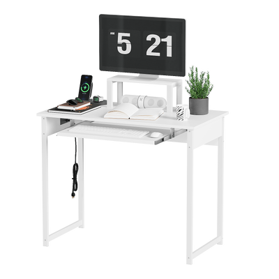 Computer Desk with Monitor Stand, Keyboard Tray and Power Strip, Modern Home Office Writing Desk