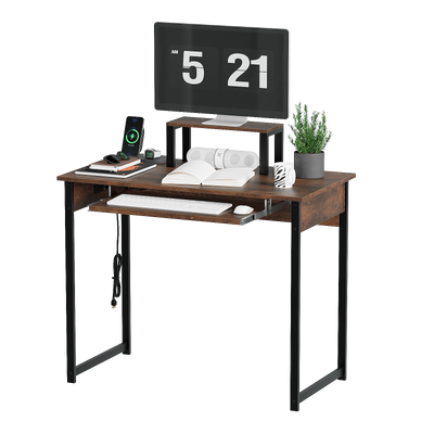 Computer Desk with Monitor Stand, Keyboard Tray and Power Strip, Modern Home Office Writing Desk
