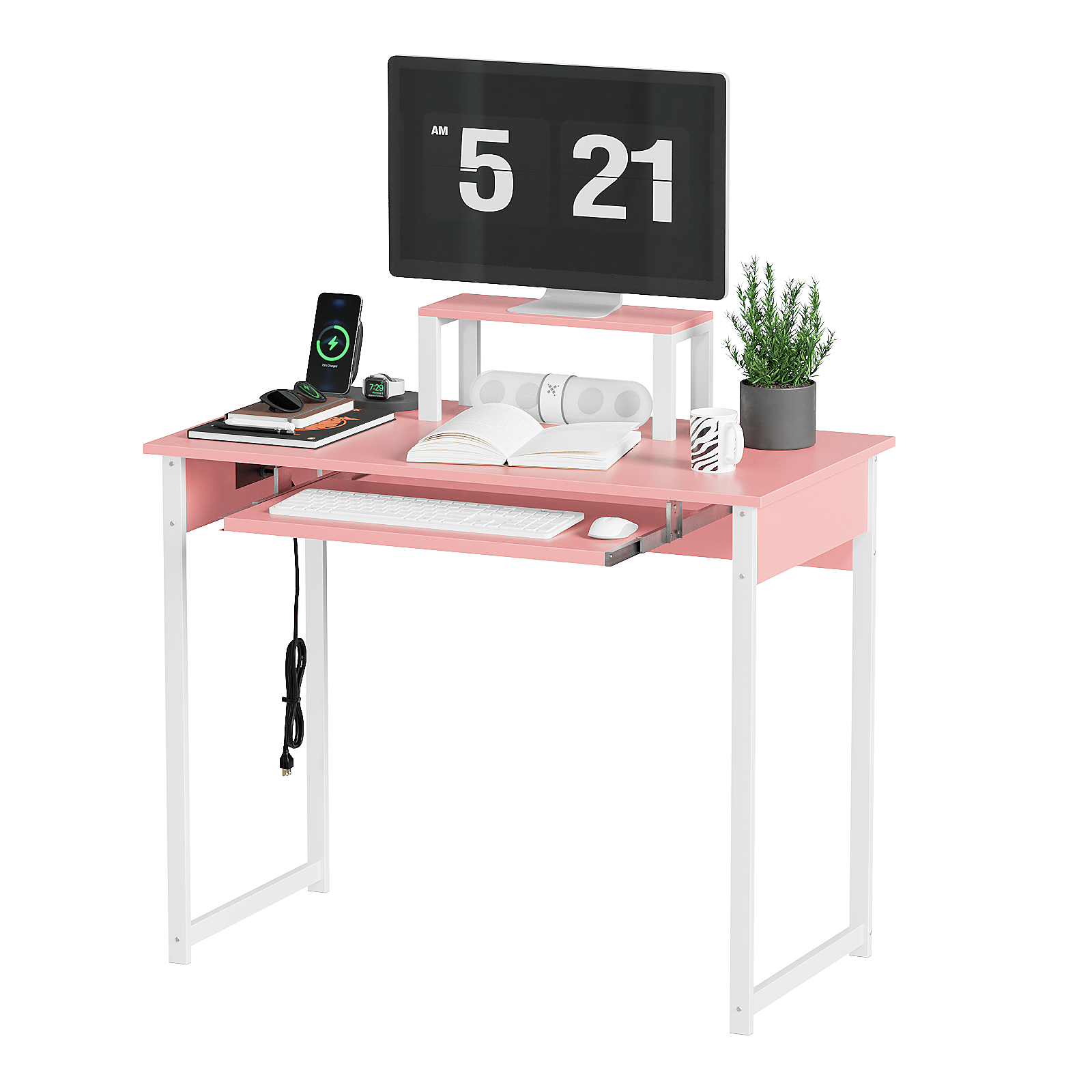 Computer Desk with Monitor Stand, Keyboard Tray and Power Strip, Modern Home Office Writing Desk