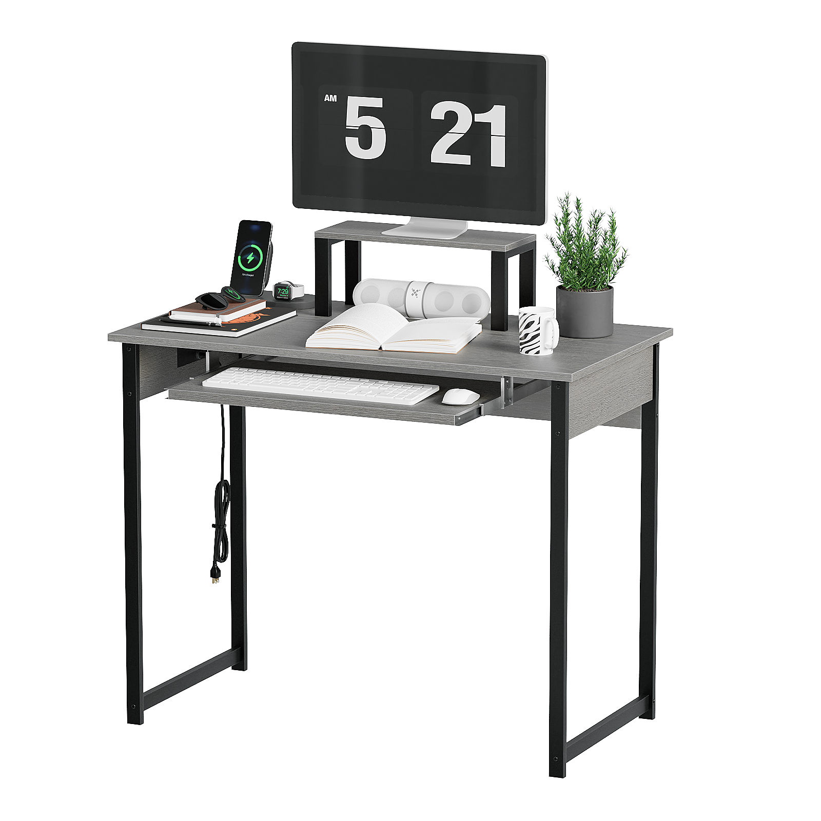 Computer Desk with Monitor Stand, Keyboard Tray and Power Strip, Modern Home Office Writing Desk
