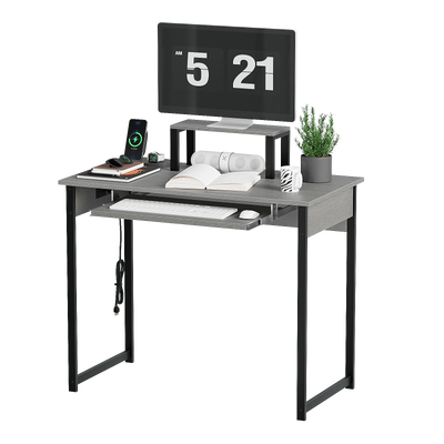 Computer Desk with Monitor Stand, Keyboard Tray and Power Strip, Modern Home Office Writing Desk