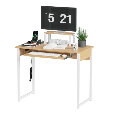 Computer Desk with Monitor Stand, Keyboard Tray and Power Strip, Modern Home Office Writing Desk