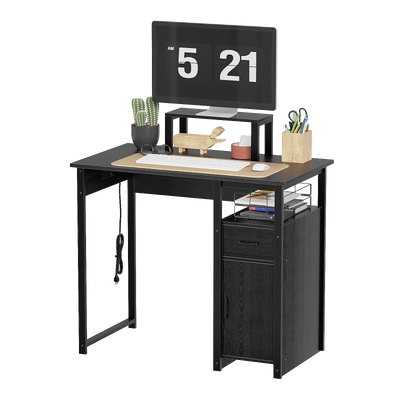Computer Desk with Power Outlets and Monitor Stand, Small Home Office Desk with Storage Drawer & Cabinet, Compact Study Writing Desk PC Workstation for Small Spaces