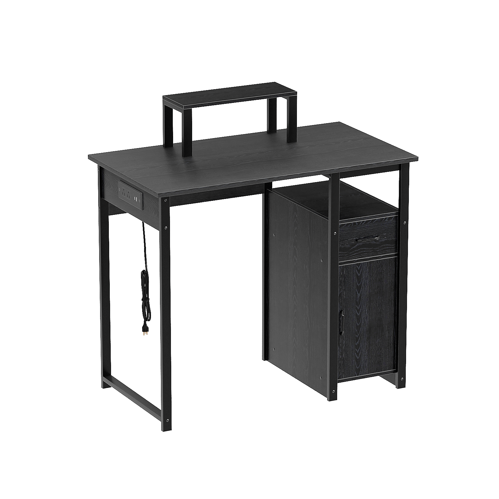 Computer Desk with Power Outlets and Monitor Stand, Small Home Office Desk with Storage Drawer & Cabinet, Compact Study Writing Desk PC Workstation for Small Spaces