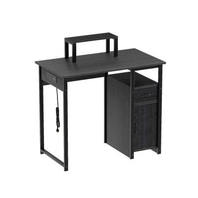 Computer Desk with Power Outlets and Monitor Stand, Small Home Office Desk with Storage Drawer & Cabinet, Compact Study Writing Desk PC Workstation for Small Spaces