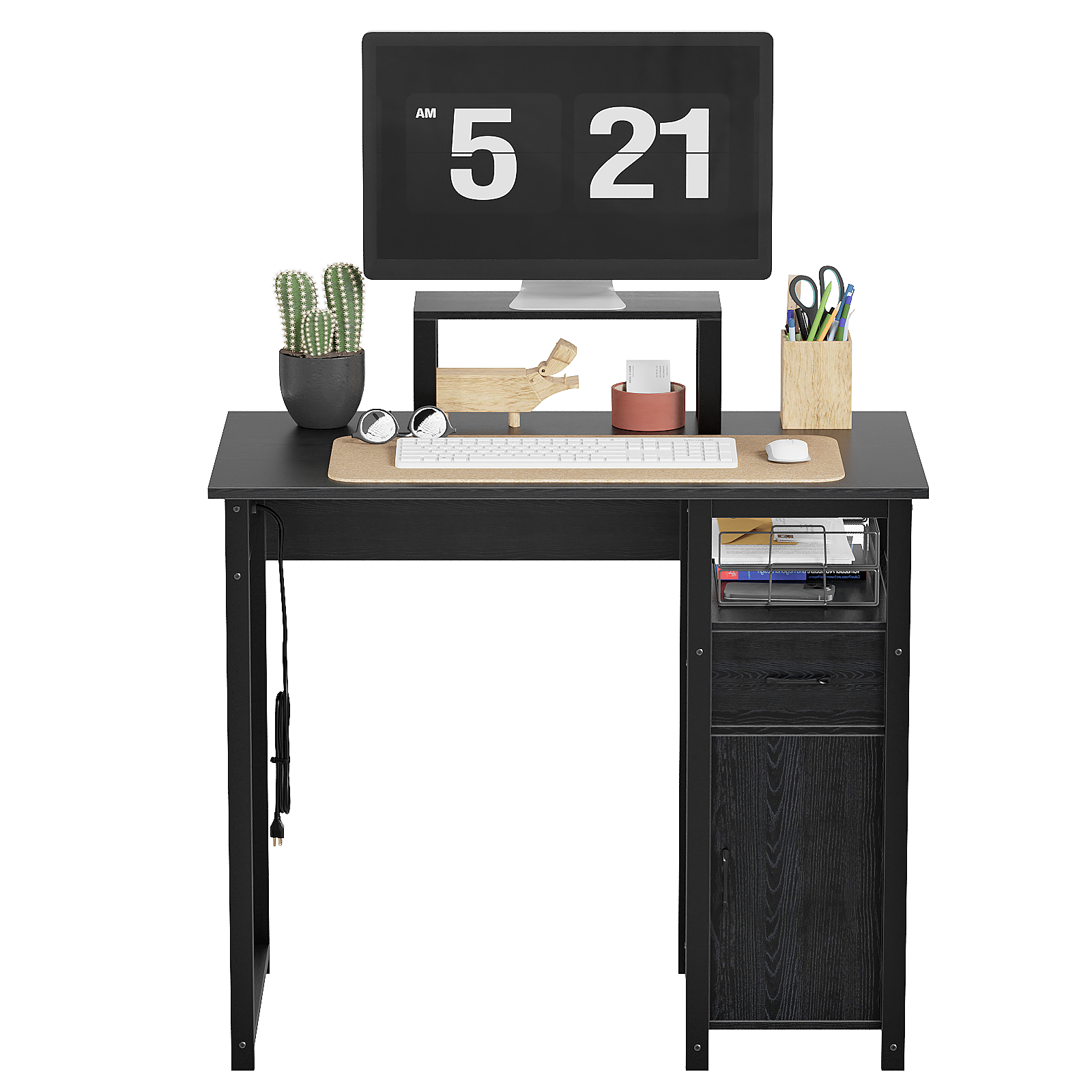 Computer Desk with Power Outlets and Monitor Stand, Small Home Office Desk with Storage Drawer & Cabinet, Compact Study Writing Desk PC Workstation for Small Spaces