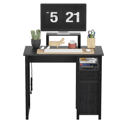 Computer Desk with Power Outlets and Monitor Stand, Small Home Office Desk with Storage Drawer & Cabinet, Compact Study Writing Desk PC Workstation for Small Spaces