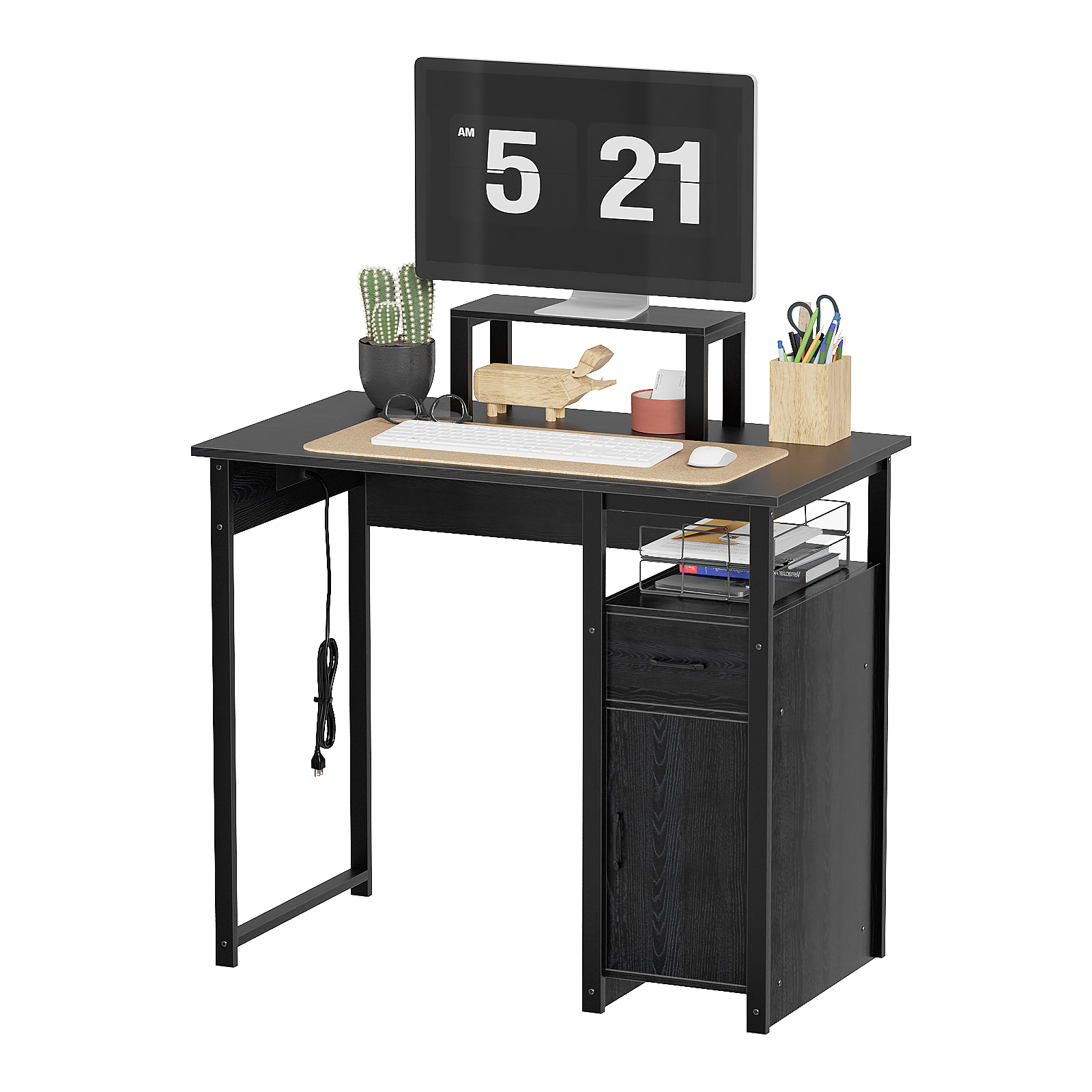 Computer Desk with Power Outlets and Monitor Stand, Small Home Office Desk with Storage Drawer & Cabinet, Compact Study Writing Desk PC Workstation for Small Spaces