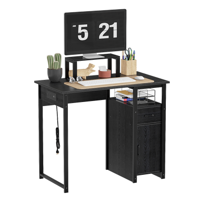 Computer Desk with Power Outlets and Monitor Stand, Small Home Office Desk with Storage Drawer & Cabinet, Compact Study Writing Desk PC Workstation for Small Spaces