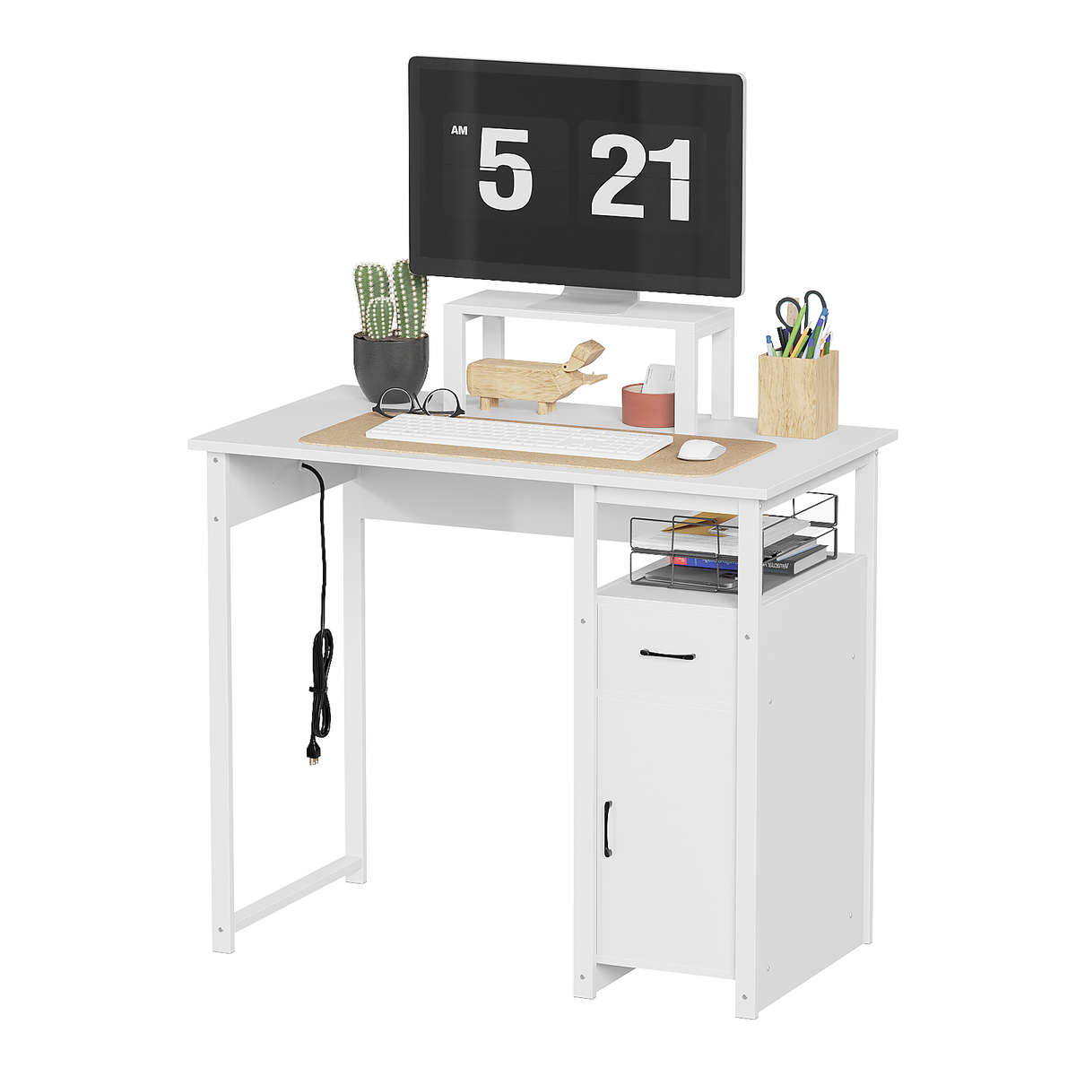 Computer Desk with Power Outlets, Monitor Stand and Storage Cabinet