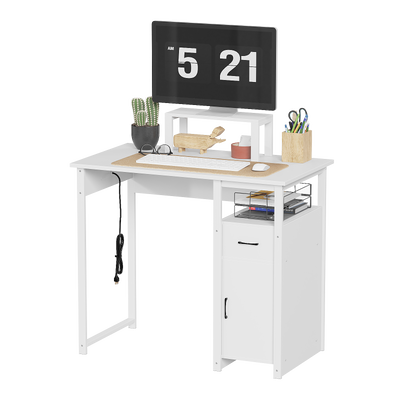 Computer Desk with Power Outlets and Monitor Stand, Small Home Office Desk with Storage Drawer & Cabinet, Compact Study Writing Desk PC Workstation for Small Spaces