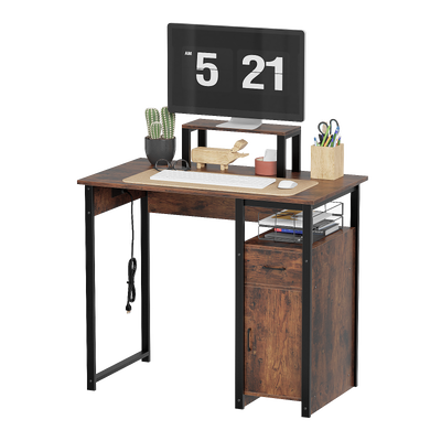 Computer Desk with Power Outlets and Monitor Stand, Small Home Office Desk with Storage Drawer & Cabinet, Compact Study Writing Desk PC Workstation for Small Spaces