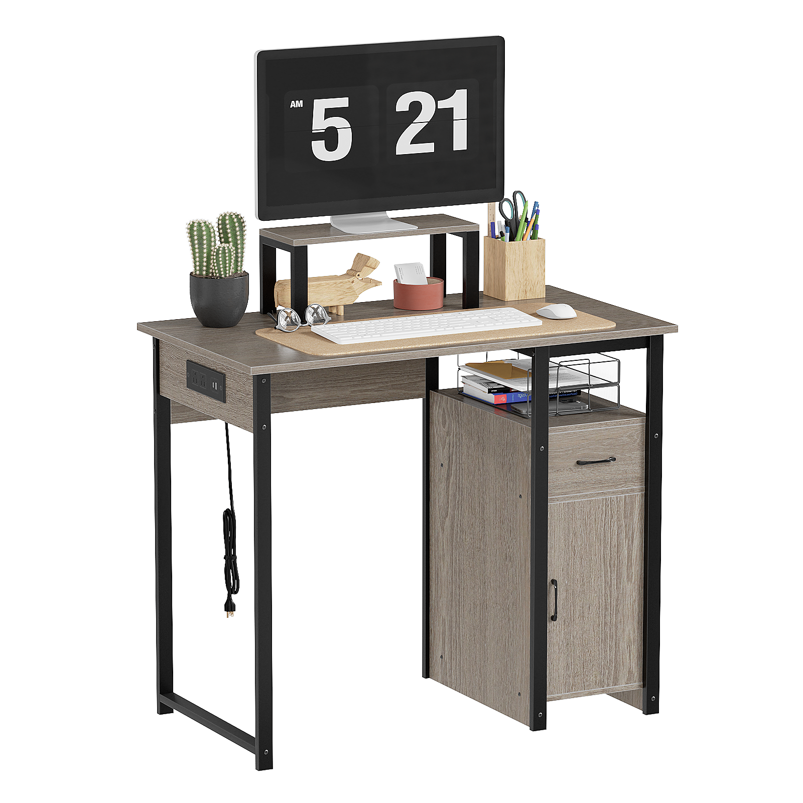 Computer Desk with Power Outlets and Monitor Stand, Small Home Office Desk with Storage Drawer & Cabinet, Compact Study Writing Desk PC Workstation for Small Spaces