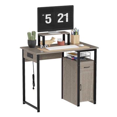 Computer Desk with Power Outlets and Monitor Stand, Small Home Office Desk with Storage Drawer & Cabinet, Compact Study Writing Desk PC Workstation for Small Spaces