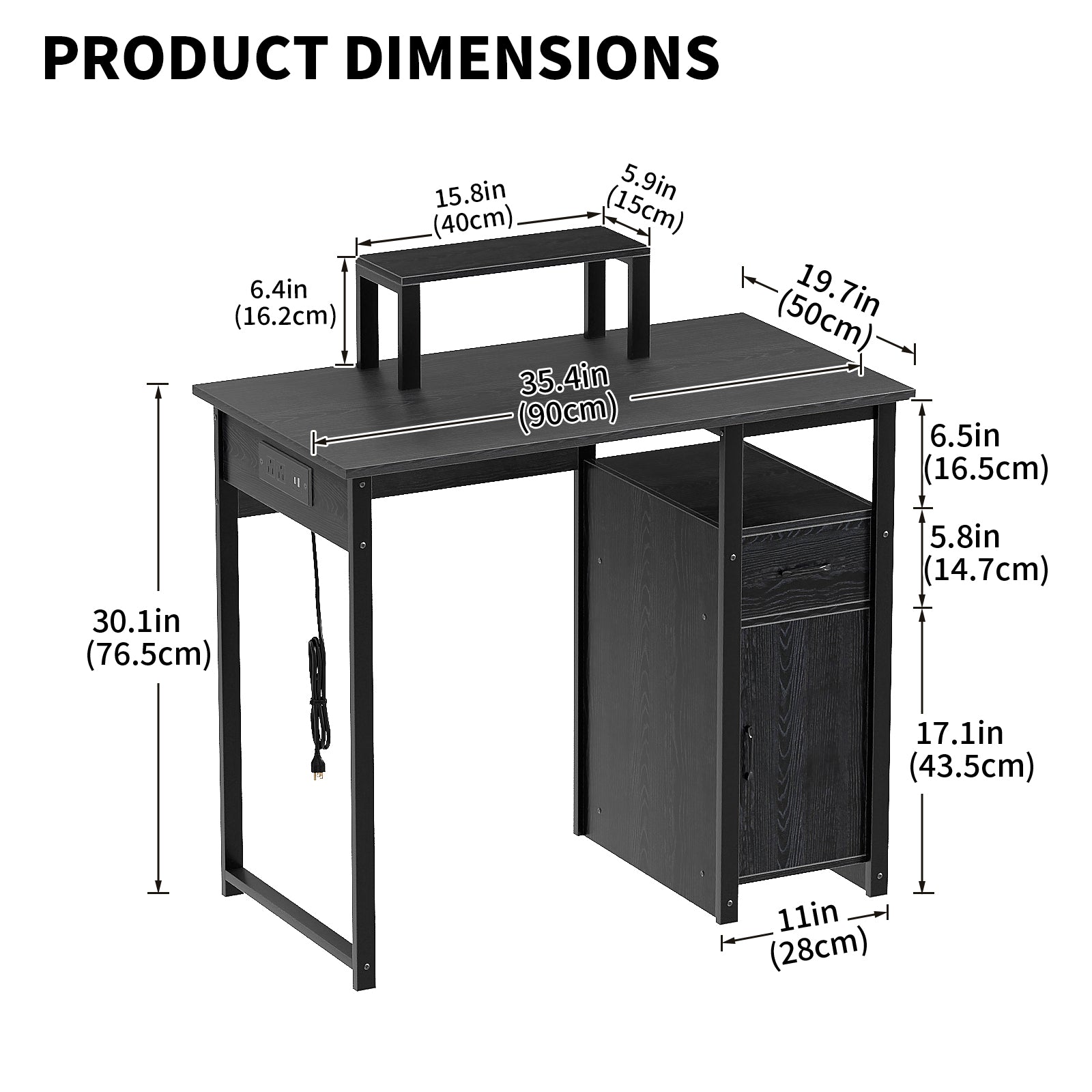 Computer Desk with Power Outlets and Monitor Stand, Small Home Office Desk with Storage Drawer & Cabinet, Compact Study Writing Desk PC Workstation for Small Spaces