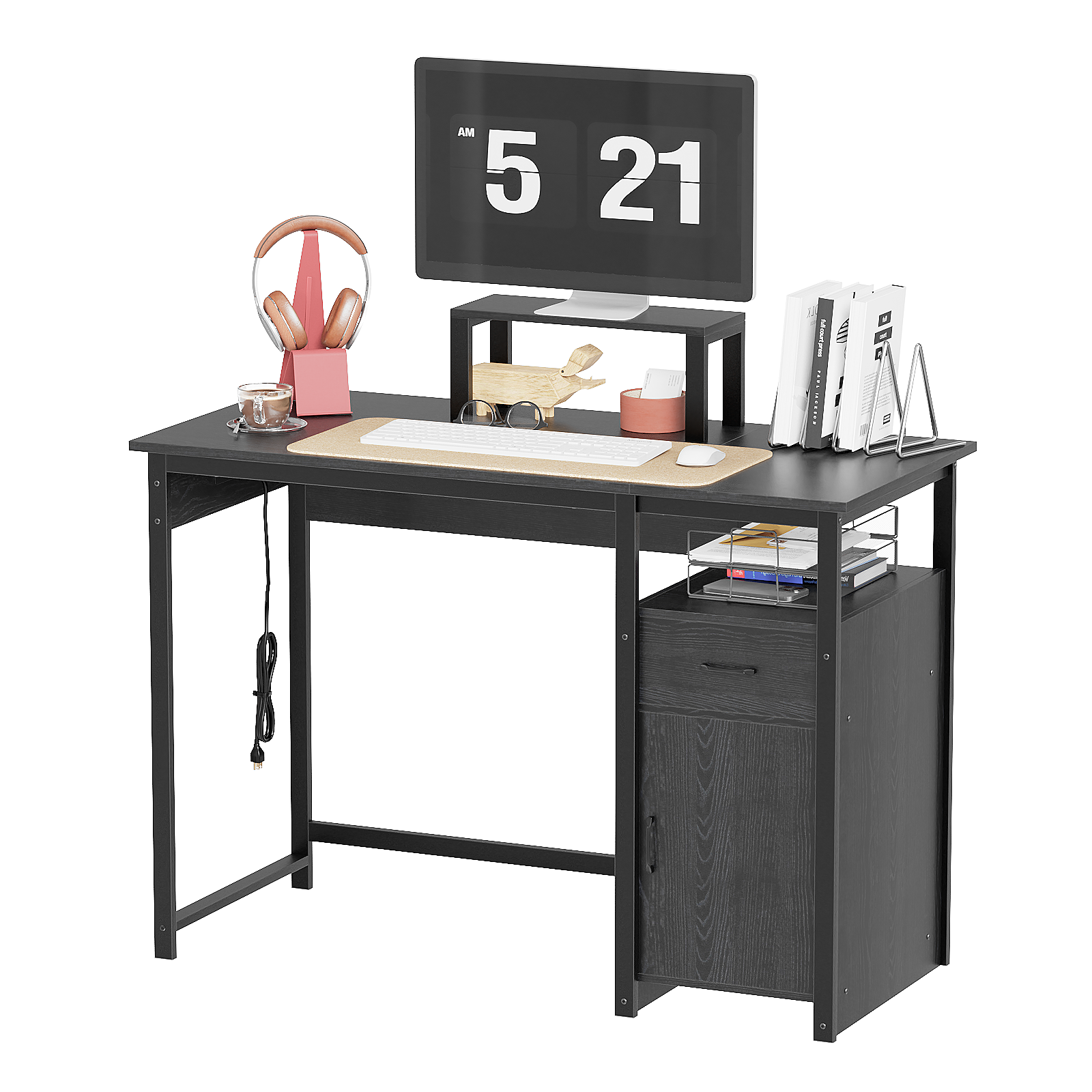 Computer Desk with Power Outlets and Monitor Stand, Small Home Office Desk with Storage Drawer & Cabinet, Compact Study Writing Desk PC Workstation for Small Spaces