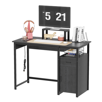 Computer Desk with Power Outlets and Monitor Stand, Small Home Office Desk with Storage Drawer & Cabinet, Compact Study Writing Desk PC Workstation for Small Spaces