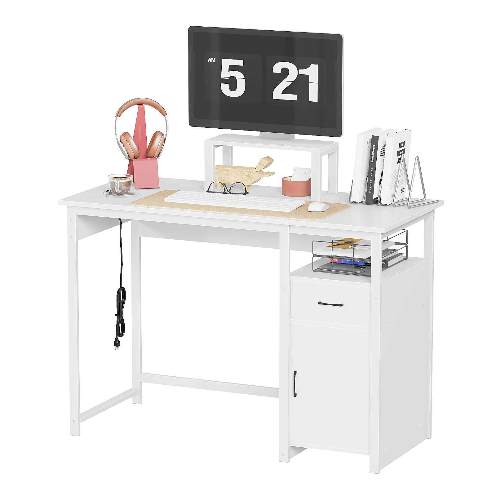 Computer Desk with Power Outlets and Monitor Stand, Small Home Office Desk with Storage Drawer & Cabinet, Compact Study Writing Desk PC Workstation for Small Spaces
